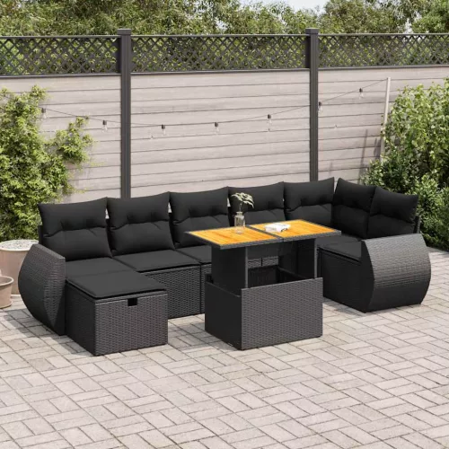  5 részes fekete polyrattan akácfa kerti kanapészett párnákkal