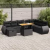  9 részes fekete polyrattan akácfa kerti ülőgarnitúra párnákkal