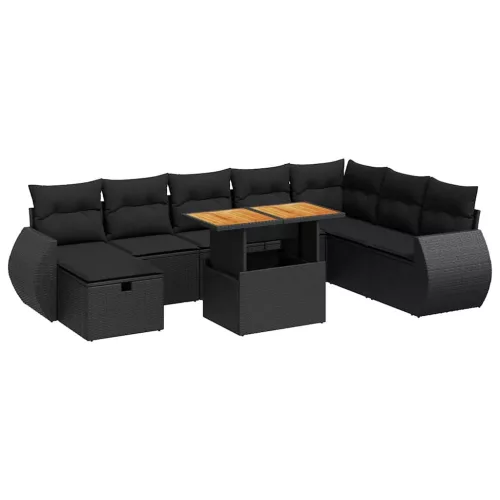  9 részes fekete polyrattan akácfa kerti ülőgarnitúra párnákkal