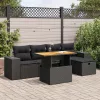  6 részes fekete polyrattan akácfa kerti ülőgarnitúra párnákkal