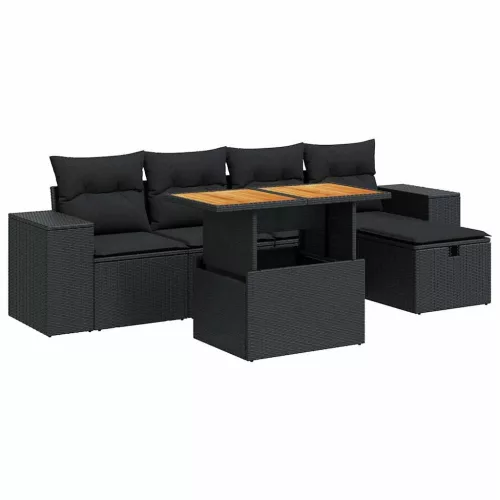  6 részes fekete polyrattan akácfa kerti ülőgarnitúra párnákkal