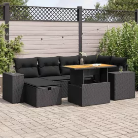    8 részes fekete polyrattan akácfa kerti ülőgarnitúra párnákkal