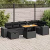  5 részes fekete polyrattan akácfa kerti kanapészett párnákkal