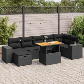    5 részes fekete polyrattan akácfa kerti kanapészett párnákkal