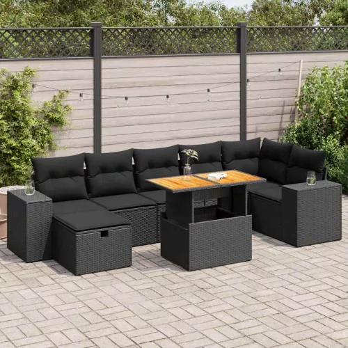  5 részes fekete polyrattan akácfa kerti kanapészett párnákkal