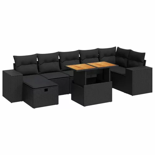  5 részes fekete polyrattan akácfa kerti kanapészett párnákkal