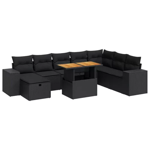  9 részes fekete polyrattan akácfa kerti ülőgarnitúra párnákkal