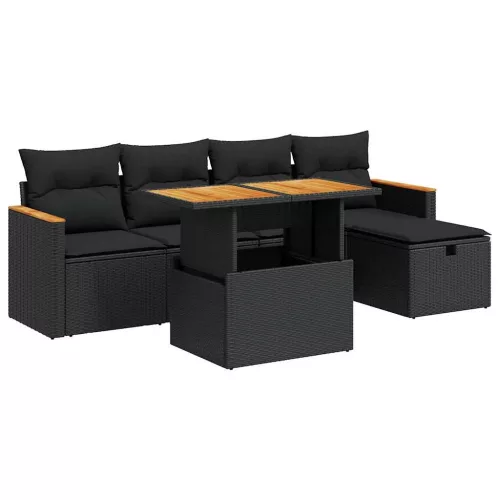  6 részes fekete polyrattan kerti ülőgarnitúra párnákkal