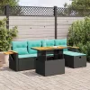  6 részes fekete polyrattan akácfa kerti ülőgarnitúra párnákkal