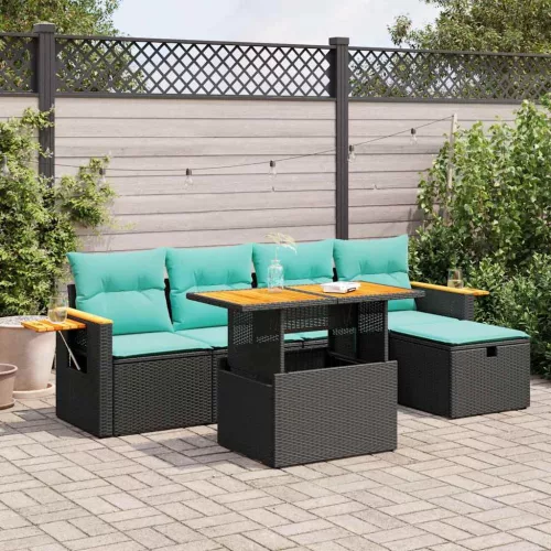 6 részes fekete polyrattan akácfa kerti ülőgarnitúra párnákkal