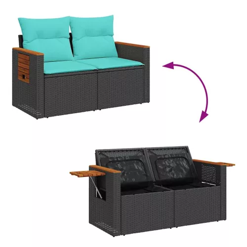  6 részes fekete polyrattan akácfa kerti ülőgarnitúra párnákkal