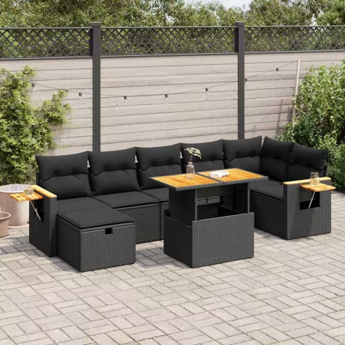  5 részes fekete polyrattan kerti kanapészett párnákkal