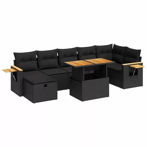  5 részes fekete polyrattan kerti kanapészett párnákkal