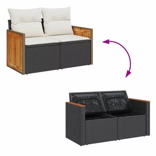  8 részes fekete polyrattan kerti ülőgarnitúra párnákkal