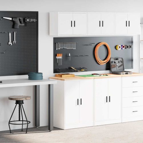  2 db fehér szerelt fa garázs szekrények