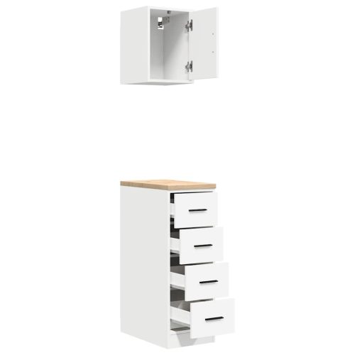  2 db fehér szerelt fa garázs szekrények