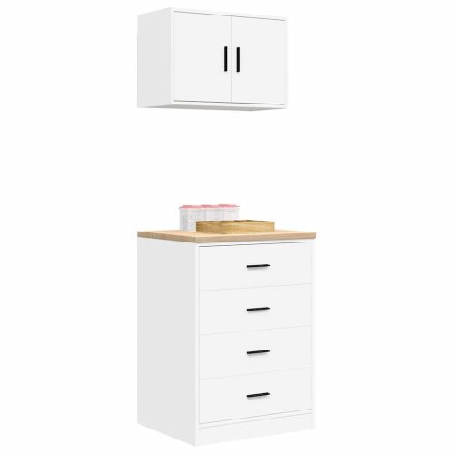  2 db fehér szerelt fa garázs szekrények