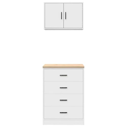  2 db fehér szerelt fa garázs szekrények