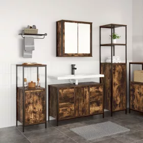    3 darabos Fürdőszobai Bútor Készlet Füstölt Tölgy Szerelt Fából