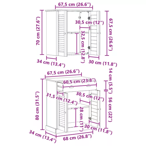  Fürdőszoba bútor szett fiókkal polcokkal tárolóval ajtóval 2 pcs Barna 67.5 x 34 x 80 cm