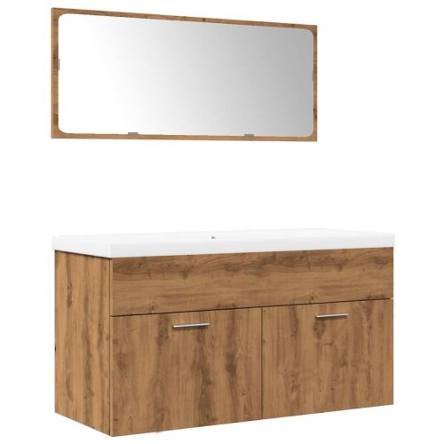  3 részes kézműves tölgy színű szerelt fa fürdőszobai bútorszett