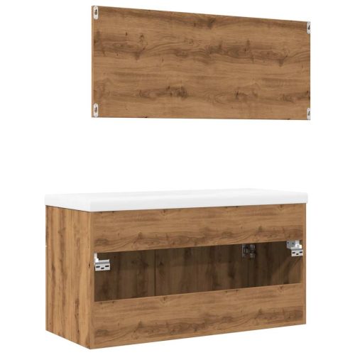  3 részes kézműves tölgy színű szerelt fa fürdőszobai bútorszett