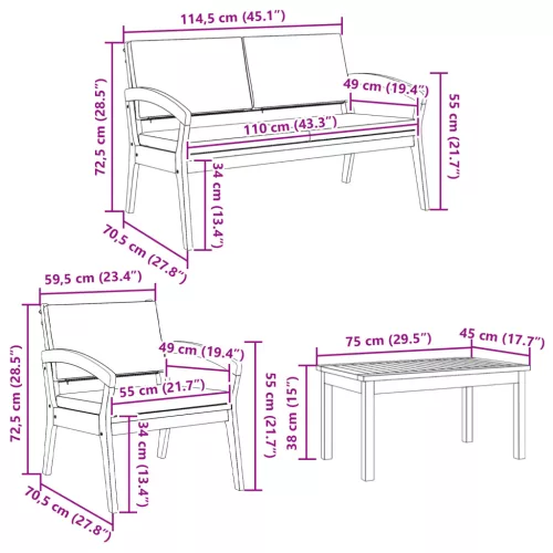  4 darabos bistrószett párnákkal, tömör akácfából