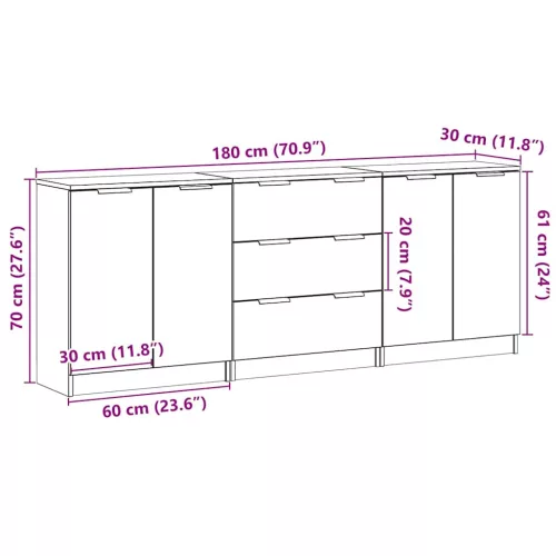  3 db antik fa színű szerelt fa tálalószekrény 60 x 30 x 70 cm