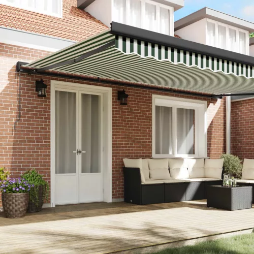  Behúzható napellenző Zöld és Fehér 500 × 300 cm Szövet és Fém