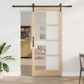    Csúszó ajtó Természetes 93 x 211 cm Tömör fenyőfa és üveg