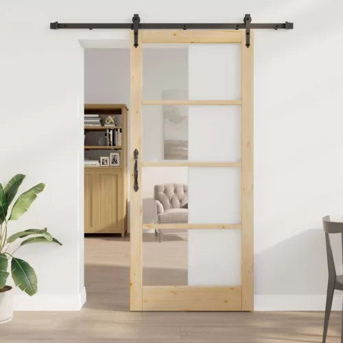  Csúszó ajtó Természetes 93 x 211 cm Tömör fenyőfa és üveg