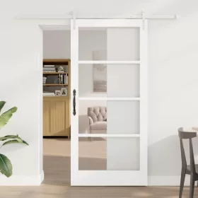    Csúszó ajtó Fehér 93 x 202 cm Tömör fenyőfa és üveg