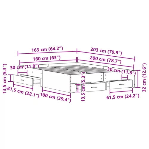  fiókos ágykeret Fekete tölgy Szerelt fa 160 x 200 cm Ágykeret