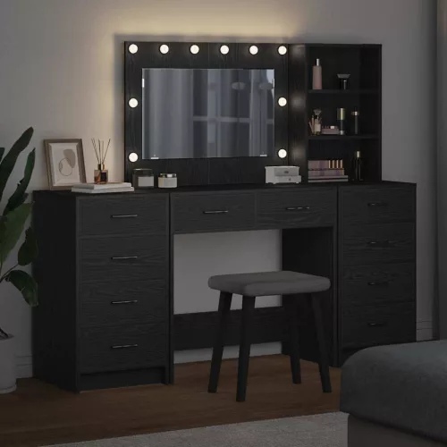  Öltözködőasztal tükör lámpákkal 3 pcs Fekete tölgy Faanyag