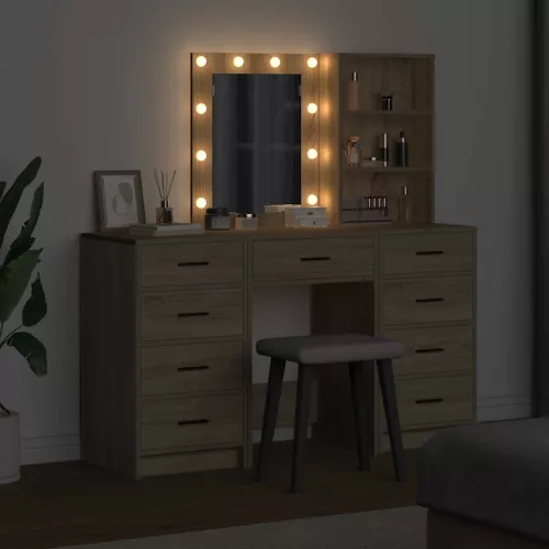  Öltözködőasztal tükör lámpákkal fiókkal 3 pcs Barna Faanyag