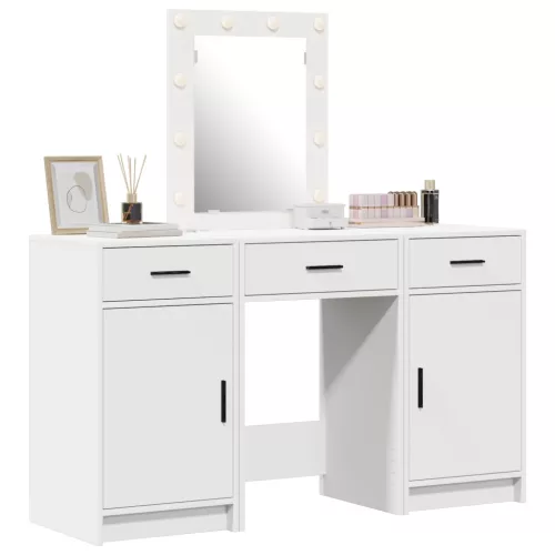  3 darabos öltözőasztal készlet LED világítással, Fehér Szerelt fa