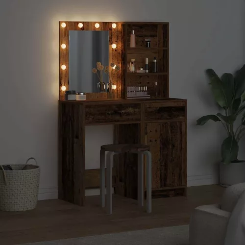  LED-es öltözködő asztal szett fiókkal 2 pcs Öreg fa Faanyag