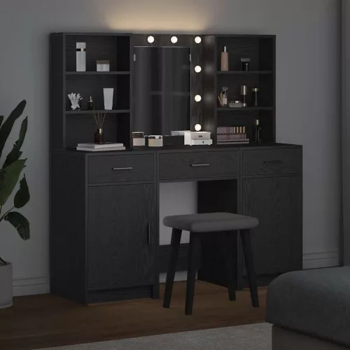  LED-es öltözködő asztal szett 3 pcs Fekete tölgy Faanyag