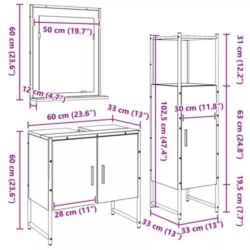  3 darabos fürdőszoba szekrény szett régi fa és mérnöki fa