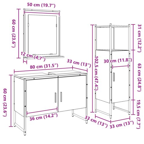 3 részes fürdőszoba bútor készlet régi fakerületű mérnöki fa