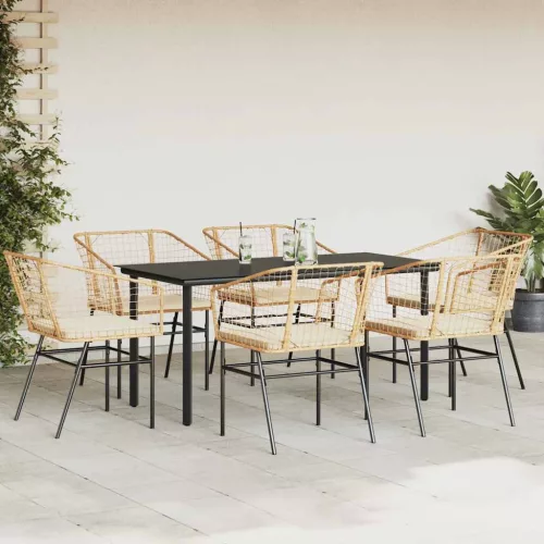  7 észes barna polyrattan üveg kerti étkezőgarnitúra párnával