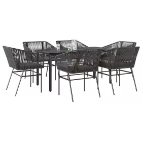    7 részes fekete polyrattan üveg kerti étkezőgarnitúra párnákkal