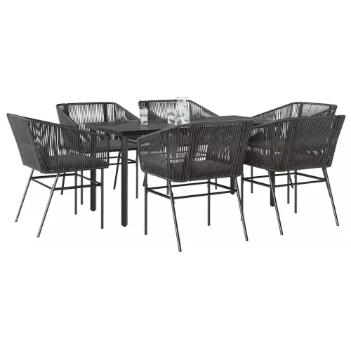  7 részes fekete polyrattan üveg kerti étkezőgarnitúra párnákkal