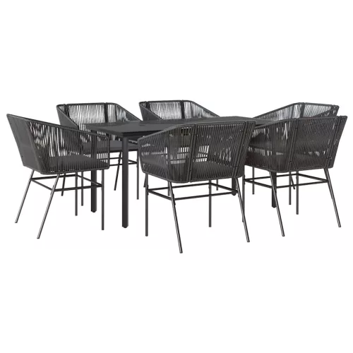  7 részes fekete polyrattan üveg kerti étkezőgarnitúra párnákkal