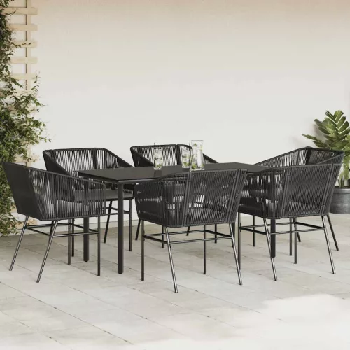  7 részes fekete polyrattan üveg kerti étkezőgarnitúra párnákkal