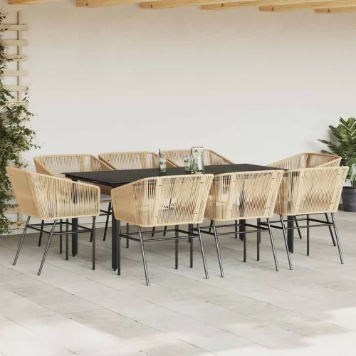  9 észes barna polyrattan üveg kerti étkezőgarnitúra párnával