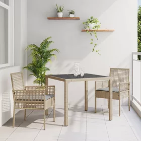    3 darabos Kültéri Étkezőasztal Szett Párnákkal Bézs Poly Rattan