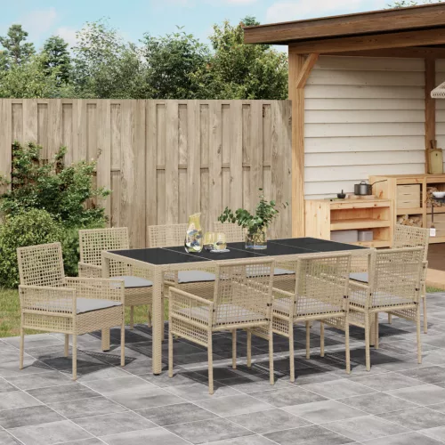  9 db-os Kerti Étkezőszett Párnákkal Bézs Poly Rattan