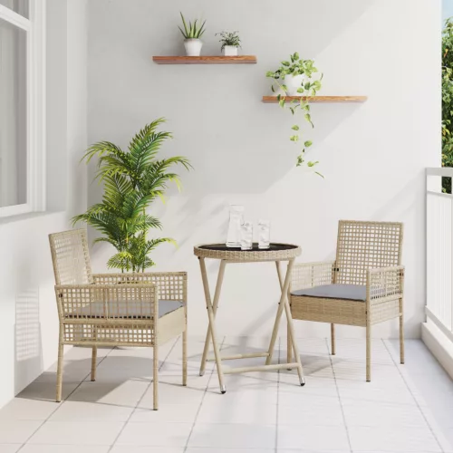  3 darabos Kerti Bistro Szett Párnákkal Bézs Poli Rattan