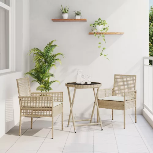  3 darabos Kerti Bistro Szett párnákkal Bézs Poly Rattan